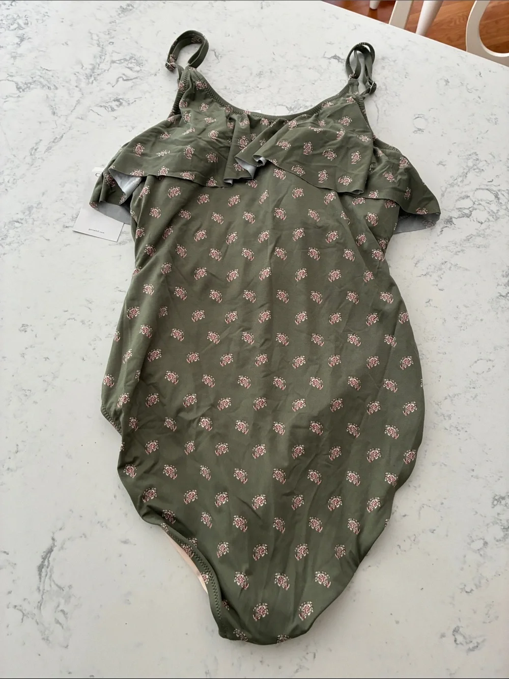 NWT sz12 Garnet Hill Green Floral Ruffle One-Piece Swimsuit